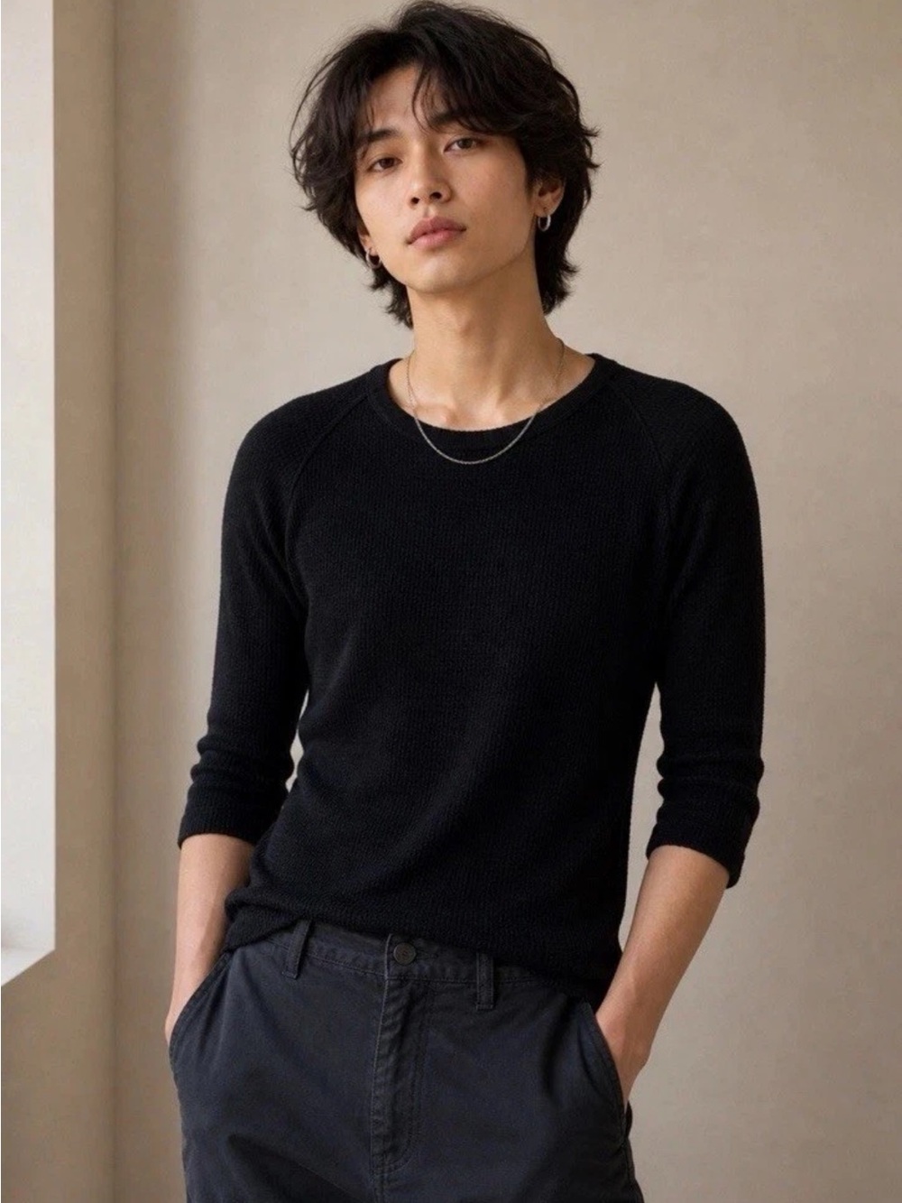 V::room S/M Thermal Waffle Rib Combo Texture 3/4 Sleeve Top Minimalist Quality